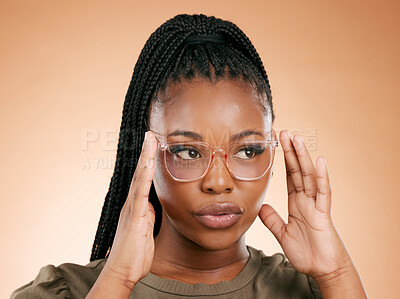 Buy stock photo Confident black woman, holding glasses and face with vision and prescription lens isolated on studio background. Eyewear, eye care and health, smart girl with fashion frame and optometry mockup