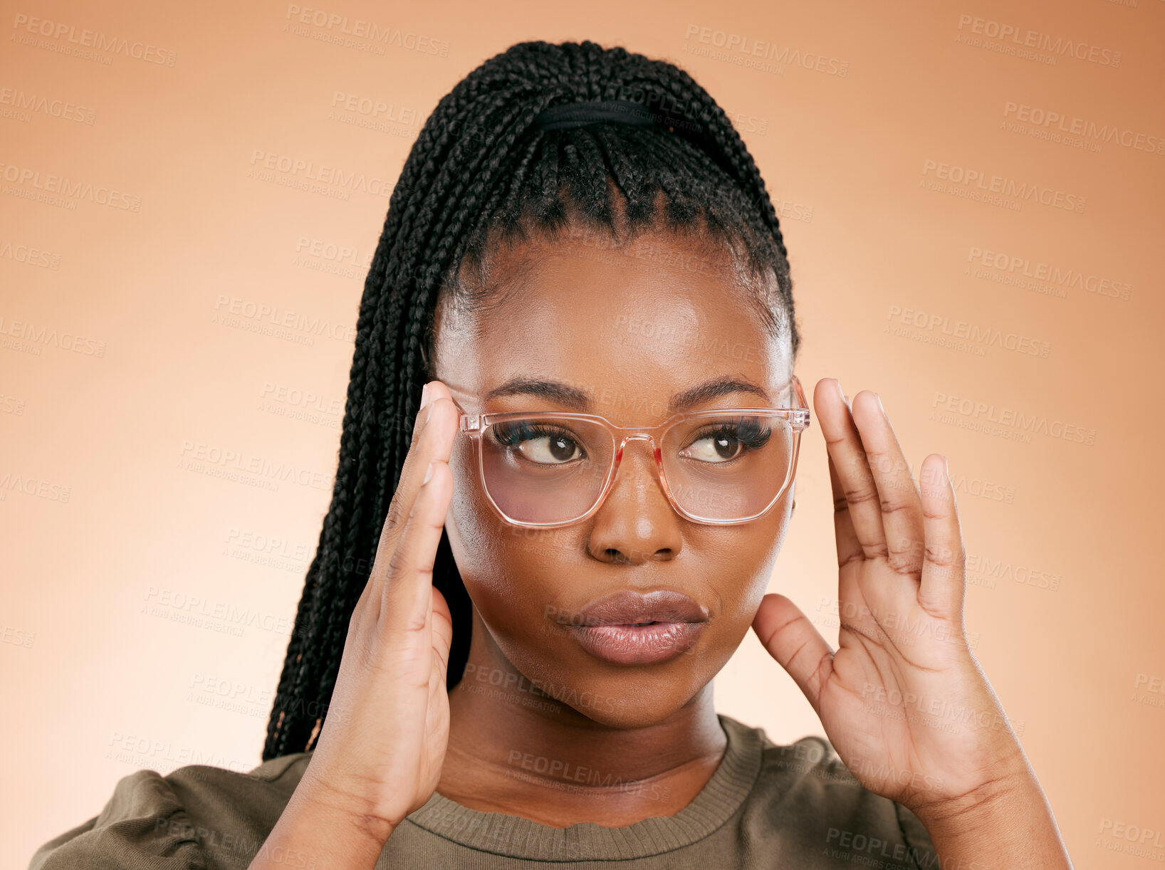 Buy stock photo Confident black woman, holding glasses and face with vision and prescription lens isolated on studio background. Eyewear, eye care and health, smart girl with fashion frame and optometry mockup