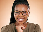 Black woman, retro glasses and person portrait in a studio with eyecare, beauty and smile. Brown background, isolated and gen z student with happiness feeling relax and calm about youth thinking 