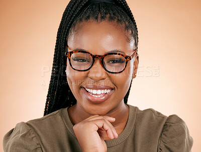 Buy stock photo Black woman, retro glasses and person portrait in a studio with eyecare, beauty and smile. Brown background, isolated and gen z student with happiness feeling relax and calm about youth thinking 
