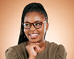 Black woman, glasses and happy person in a studio with eyecare, beauty and smile. Brown background, isolated and gen z student with happiness feeling relax about youth thinking with hipster fashion 