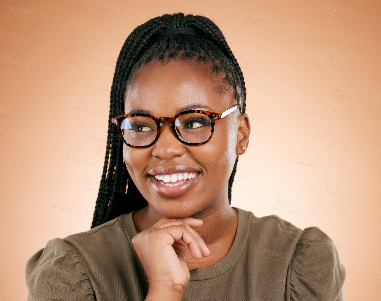 Buy stock photo Black woman, glasses and happy person in a studio with eyecare, beauty and smile. Brown background, isolated and gen z student with happiness feeling relax about youth thinking with hipster fashion 