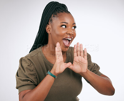 Buy stock photo Wow, announcement and excited with a black woman in studio on a gray background to share news. Hands, promotion and information with a young female indoor sharing a secret as a brand ambassador