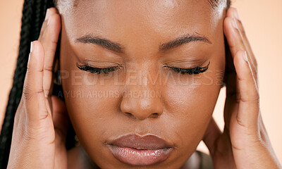 Buy stock photo Black woman, face and closed eyes with headache, pain or suffering from stress against a studio background. Closeup of African American female holding head or painful area in mental health problems