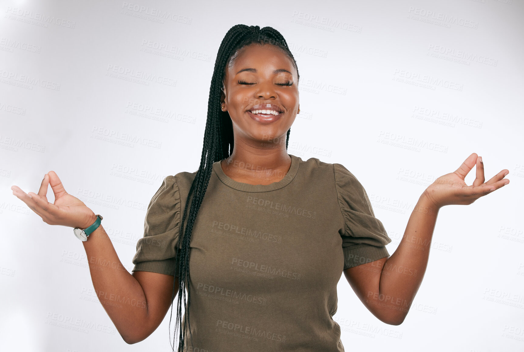 Buy stock photo Meditation, black woman and peace in studio, smile and gratitude of trust. Happy female, zen hands and meditate on background for mindset, chakra energy and relax with yoga, wellness and healthy soul