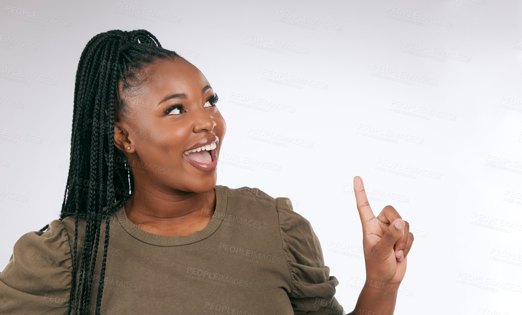 Buy stock photo Mockup, thinking and black woman pointing at studio background, advertising space and wall. Happy female model, ideas and product placement of marketing, promotion announcement and commercial review