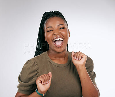 Buy stock photo Happiness, portrait and black woman laugh with a smile in a white background studio. Beauty, casual fashion and isolated model laughing with a happy dance for self love and female empowerment