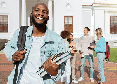 Buy stock photo Portrait, black man and students on campus, outdoor and conversation for knowledge, growth and learning. African American male, student and academics on university, development and higher education