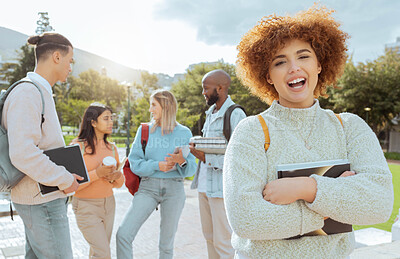 Buy stock photo University, campus and black woman portrait with students group, learning community and education planning. Happy friends, gen z person or diversity youth with scholarship, teamwork and study mission