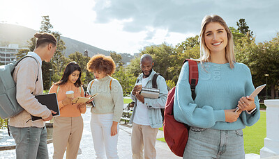Buy stock photo Campus, university and woman portrait in study group, learning community and happy education goals. Young gen z person, social students or youth smile for scholarship, philosophy or history planning
