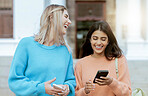 Friends, women laugh at meme on smartphone, social media and students on campus, outdoor and comedy online. Connection, funny post and 5g network, communication and technology with Gen z youth 