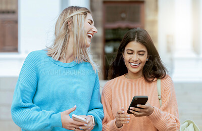 Buy stock photo Friends, women laugh at meme on smartphone, social media and students on campus, outdoor and comedy online. Connection, funny post and 5g network, communication and technology with Gen z youth 