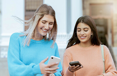 Buy stock photo Friends, women with smartphone, social media and technology with students on campus, online and outdoor. Connection, meme or post with happiness, communication with 5g network and Gen z youth 