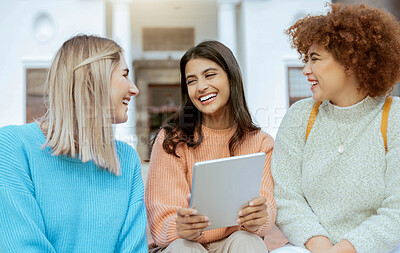 Buy stock photo Student, happy friends and tablet laughing for social media, funny meme or streaming entertainment at campus. Women enjoying 5G connectivity with laugh for fun joke or comedy on touchscreen together