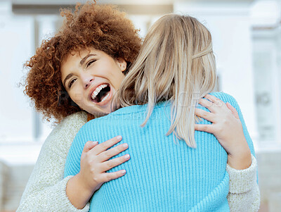 Buy stock photo Love, friends and women hug, reunion and excited for achievement, happiness and outdoor. Young females, ladies and embrace outside, celebration for bonding and support with smile, relax or cheerful