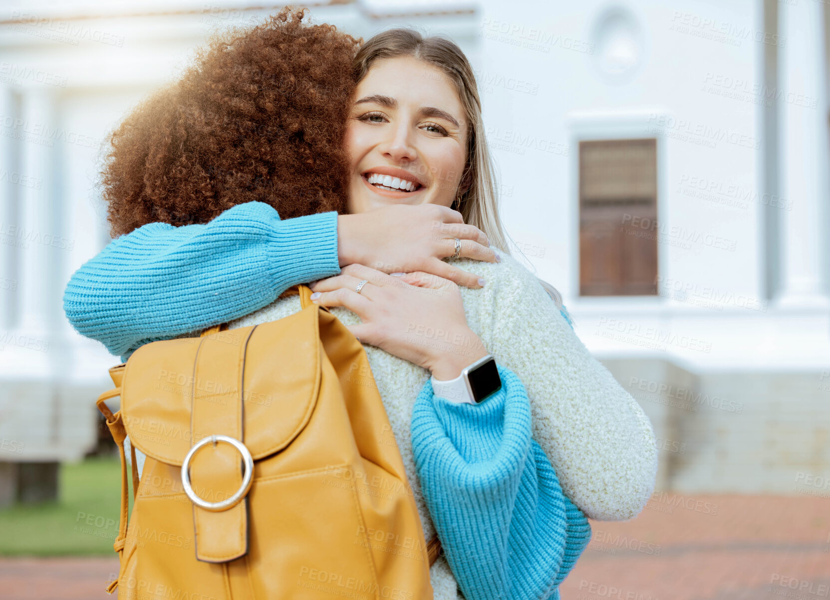 Buy stock photo Student hug, girl friends and portrait of a girl with a smile at university and education building. Happiness, students and back to school motivation of a young person ready for college class
