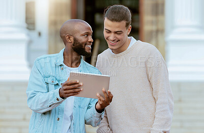 Buy stock photo Tablet, university and students with study teamwork, planning and talking of online education or course website. Happy black man, people or friends on college campus, studying with digital technology