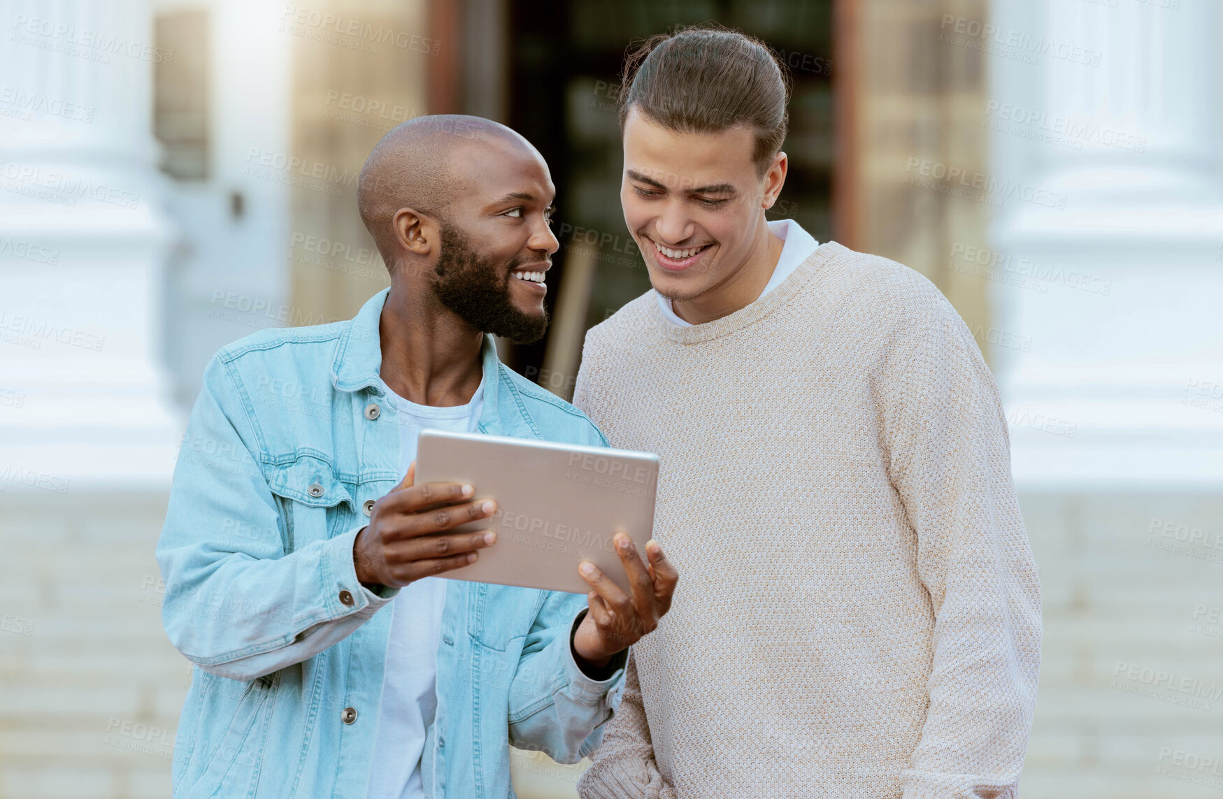 Buy stock photo Tablet, university and students with study teamwork, planning and talking of online education or course website. Happy black man, people or friends on college campus, studying with digital technology