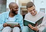 University students, learning and laughing with studying and education books on steps. Outdoor, friends and diversity of men in a conversation with a funny joke and books for study knowledge