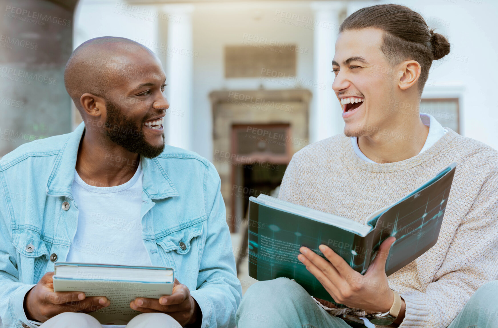 Buy stock photo Students, learning and laughing with university, scholarship and education books on steps. Outdoor, friends and diversity of men in a conversation with a funny joke and books for study knowledge