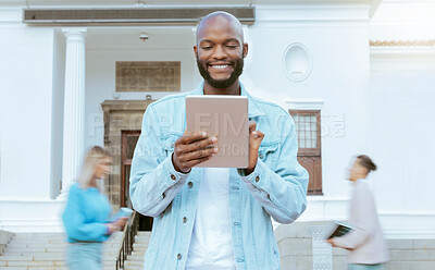 Buy stock photo Black man, university student and tablet at outdoor campus with smile, learning and opportunity for education. Young african guy, mobile touchscreen tech and happy at college with social media app