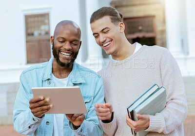 Buy stock photo University, tablet and students with online education, e learning and teamwork, planning or course schedule check. Happy black man, people or friends on college campus, studying on digital technology