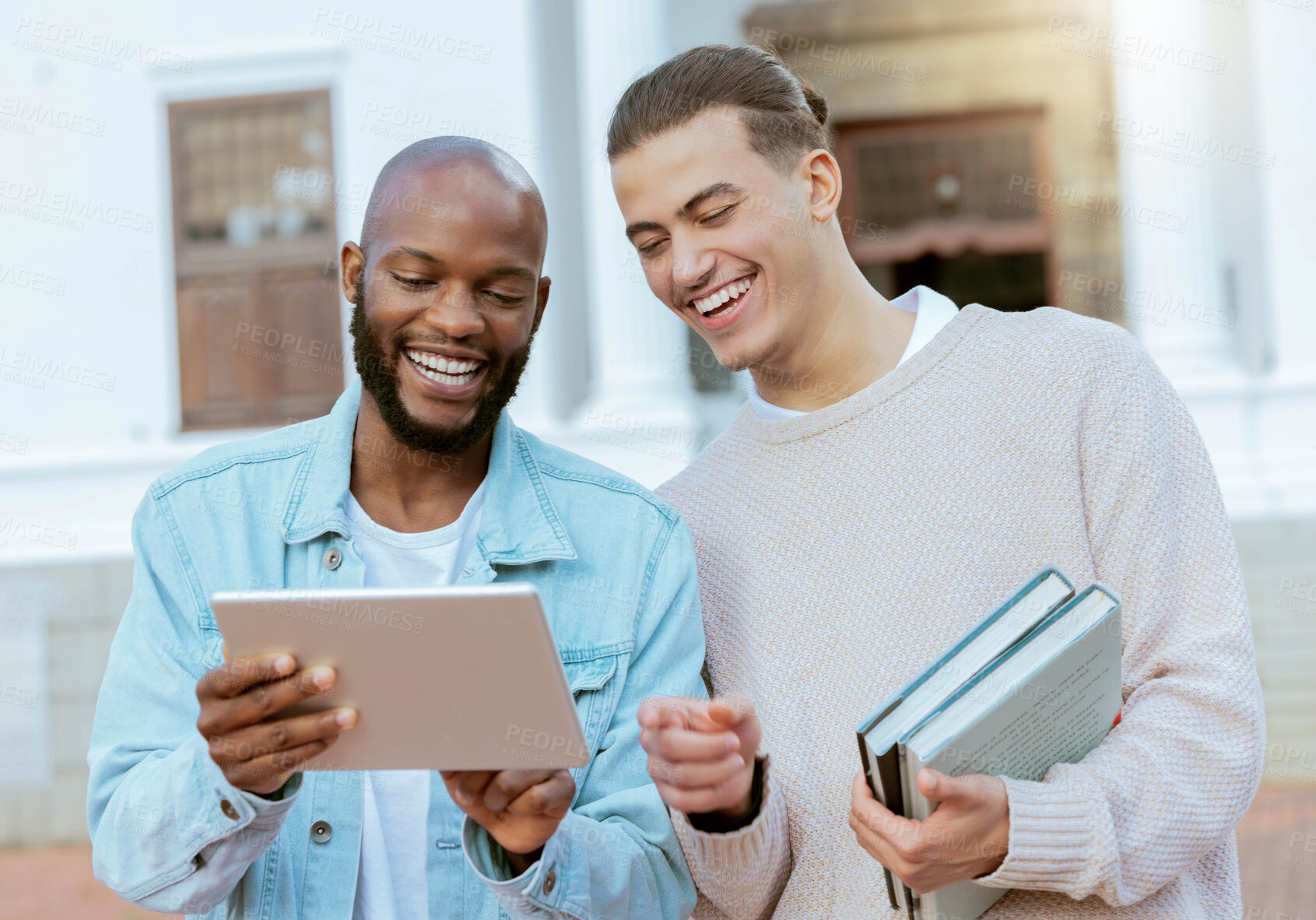 Buy stock photo University, tablet and students with online education, e learning and teamwork, planning or course schedule check. Happy black man, people or friends on college campus, studying on digital technology