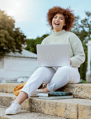 Buy stock photo Laptop, college and portrait of a woman student in the city sitting on the stairs studying for test or exam. Education, university and young female from Brazil working on academic project on computer