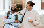 Campus, students laugh and university friends with college education, funny conversation or studying support together. Diversity, youth black man or people outdoor, talking, coffee break and smile
