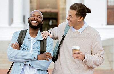 Buy stock photo Campus, students laugh and university friends with college education, funny conversation or studying support together. Diversity, youth black man or people outdoor, talking, coffee break and smile