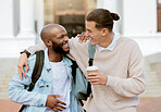 University, campus and students or friends laugh together for college education, funny conversation or studying support. Diversity black man or people hug, outdoor talking and coffee break with smile