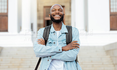 Buy stock photo Portrait, education and proud man, university and student at campus for learning, future and goals. Face, learner and college, scholarship and young guy smile, study and knowledge, academic and goals