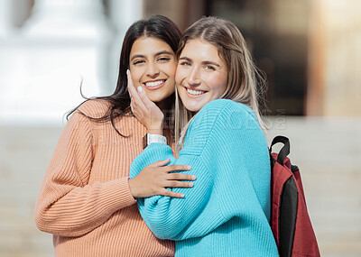 Buy stock photo Girl friends, students and portrait of women together on campus with smile, diversity and hope for future. Friendship, university and happy college people hug outside, gen z woman and friend embrace.