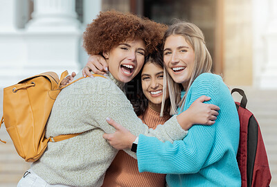 Buy stock photo University student, women and group hug by stairs at outdoor campus for smile, learning opportunity or diversity. College adventure, education and friends for support, solidarity and happy for vision