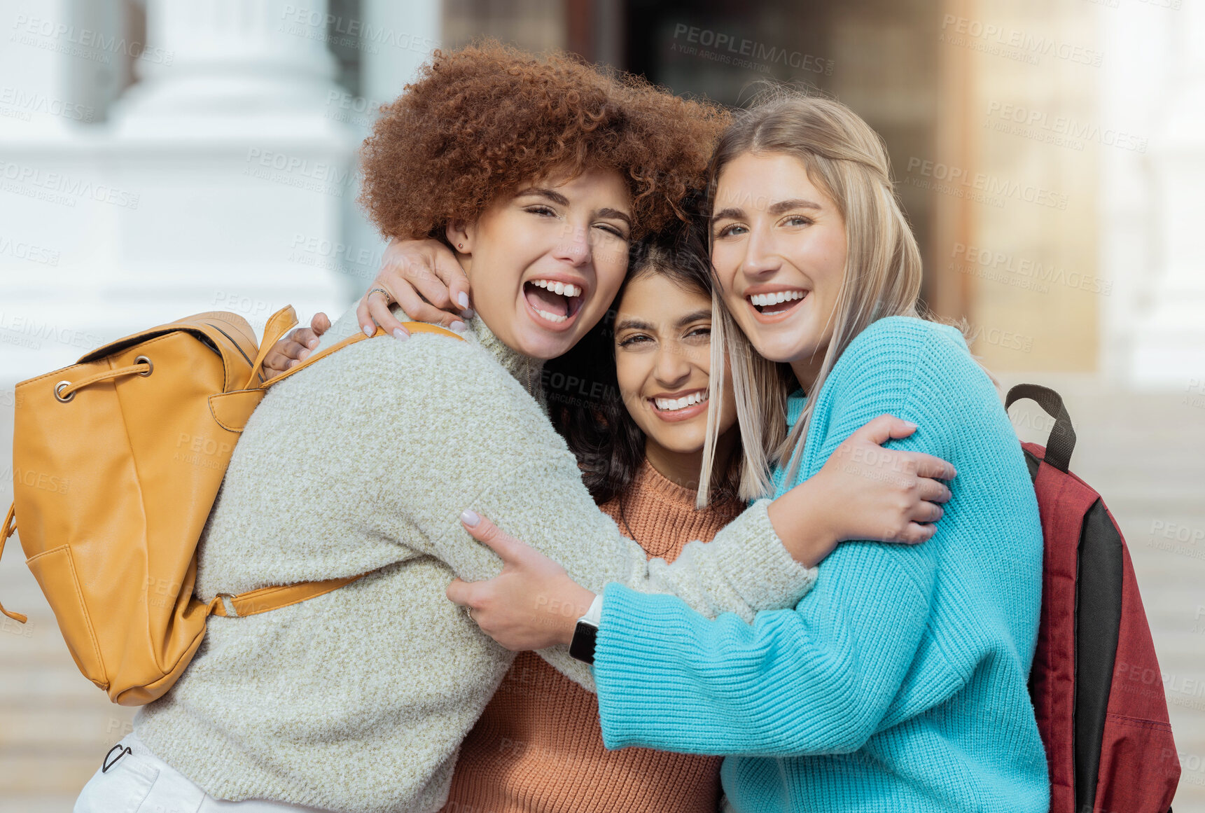 Buy stock photo University student, women and group hug by stairs at outdoor campus for smile, learning opportunity or diversity. College adventure, education and friends for support, solidarity and happy for vision