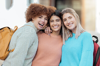 Buy stock photo School, portrait and university woman friends with education, study or campus community love, happy and support. Diversity, excited and young gen z group of people smile on face for college lifestyle