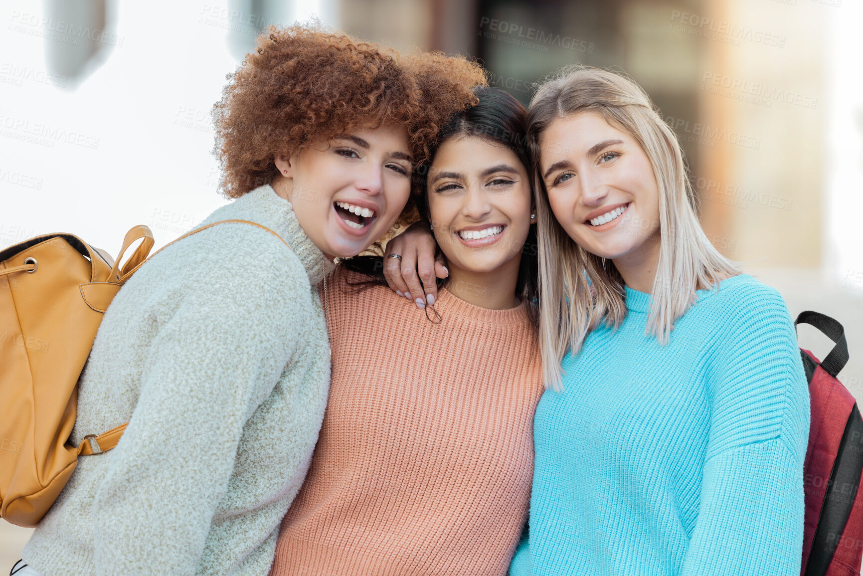 Buy stock photo School, portrait and university woman friends with education, study or campus community love, happy and support. Diversity, excited and young gen z group of people smile on face for college lifestyle