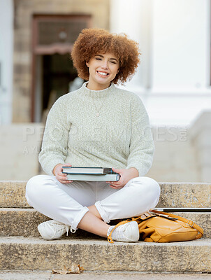 Buy stock photo Portrait, education and black woman on university steps with books, student and campus for future. Face, learner and college, scholarship and young girl smile, study and knowledge, academic and goals