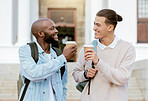Coffee break, students together or university friends with education goals, teamwork cheers and studying success. Diversity, black man or people on campus stairs with drink for energy and knowledge