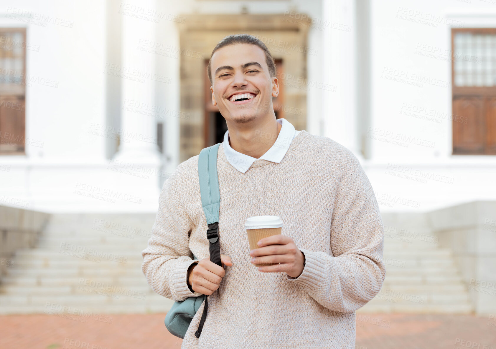 Buy stock photo Happy, college student man at university with coffee for learning, future and academic, success and higher education. Face, learner and scholarship, happy and guy smile, study and knowledge motivated