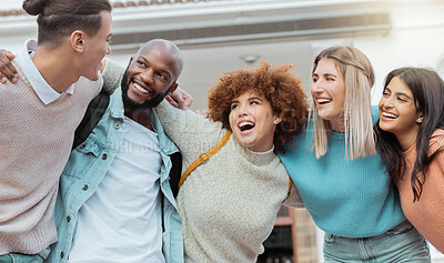 Buy stock photo Students, friends and happy portrait of people with diversity, collaboration and university support. Student funny joke, smile and college group outdoor ready for learning and teamwork with laugh