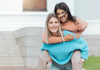 Buy stock photo University student, women friends and piggyback portrait at outdoor campus with smile, education and support. Young students, woman group and solidarity with trust, funny and playful on college lawn