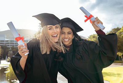 Buy stock photo Certificate, friends and graduation portrait of women hug together at college celebration. Diploma success, happiness and excited people with school, education and university student achievement 