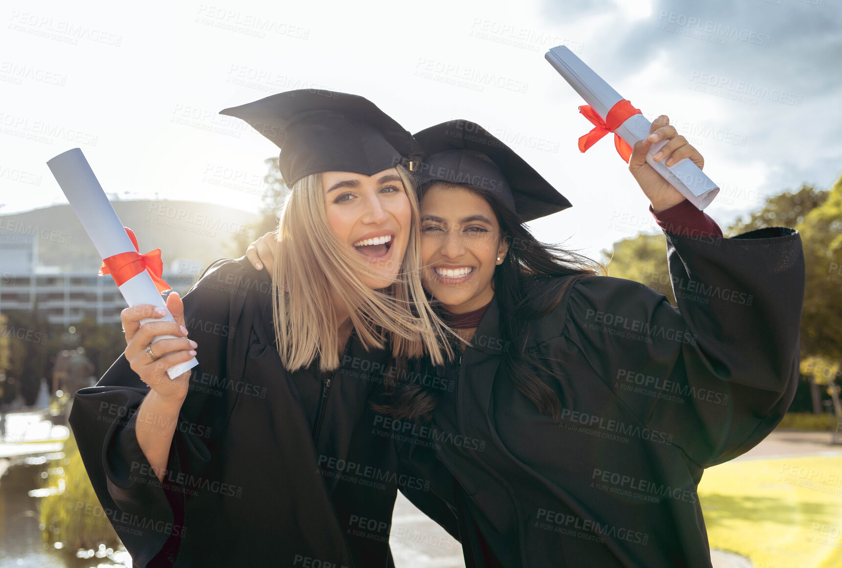 Buy stock photo Certificate, friends and graduation portrait of women hug together at college celebration. Diploma success, happiness and excited people with school, education and university student achievement 