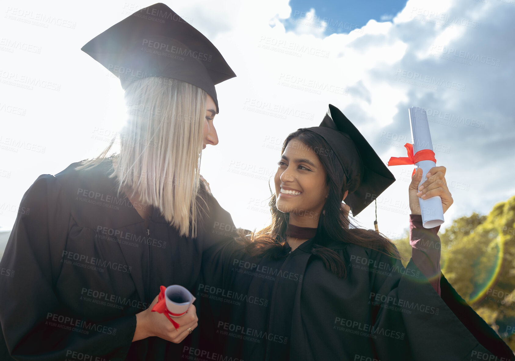 Buy stock photo Students, study and college certificate hug of graduate women together at celebration. Diploma success, happiness and excited friends with school, education and university graduation scroll