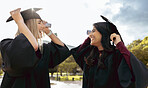 Graduate women, friends and smile together with graduation cap, congratulations and success for studying. University student, gen z girl and excited with diversity, goal and happiness for achievement