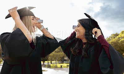 Buy stock photo Graduate women, friends and smile together with graduation cap, congratulations and success for studying. University student, gen z girl and excited with diversity, goal and happiness for achievement
