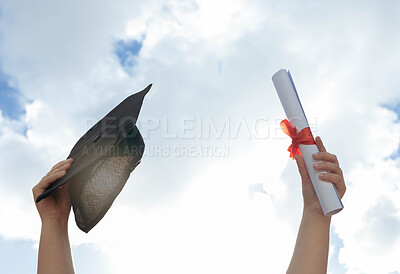 Buy stock photo University, graduation and hands in sky with certificate to celebrate success in college education. Learning, knowledge and winning future, celebration of studying achievement and  graduate class win