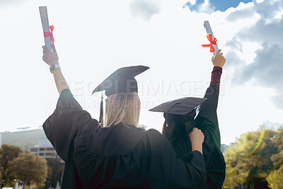 Buy stock photo Graduation, woman friends and certificate with back for celebration, happiness or success for studying together. University student, black woman and diversity for goal, vision and support at campus