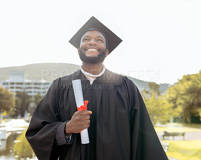 Buy stock photo Graduation, black man and thinking of success, achievement and goals at outdoor college event. Graduate, education award and smile for happy future, dream and motivation of learning, hope and pride 